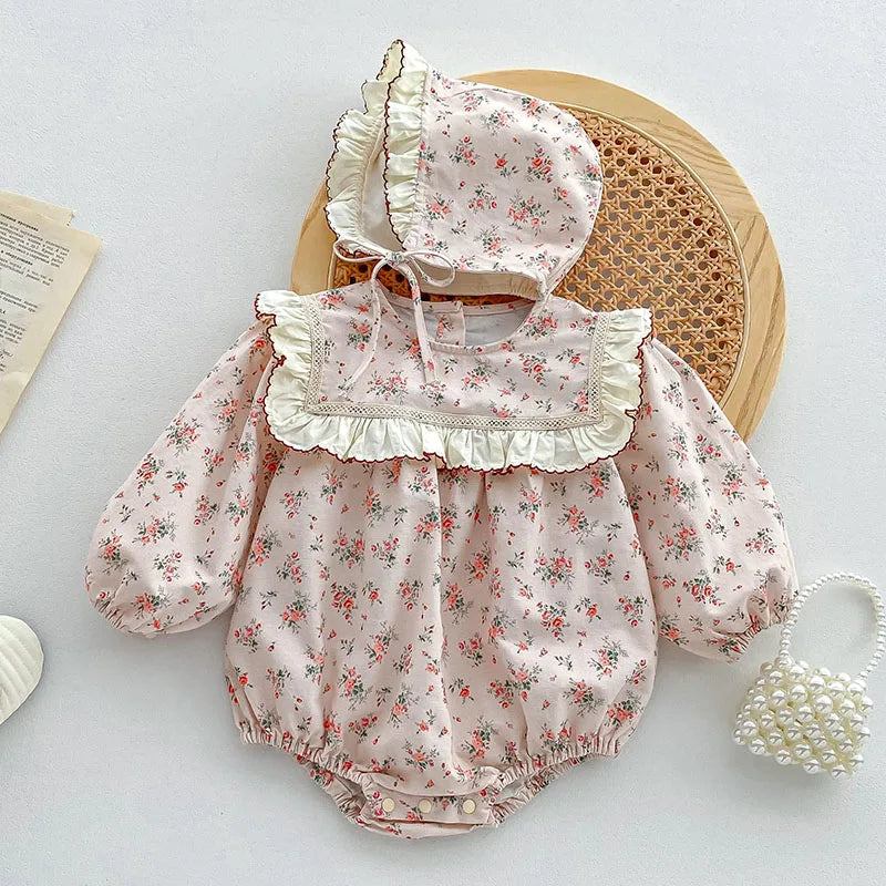 Herbst Frühling Infant Baby Mädchen Bodys + Hut Baumwolle Langarm Blumen Druck Neugeborenen Baby Mädchen Overall Baby Mädchen Kleidung