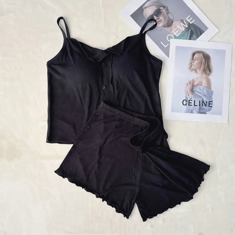 Conjuntos De Pijama Neue Sexy Baumwolle Sling Top Shorts Set Bh Pad Sommer Nachtwäsche Pyjamas Für Frauen Hause Tragen Nachtwäsche Anzug