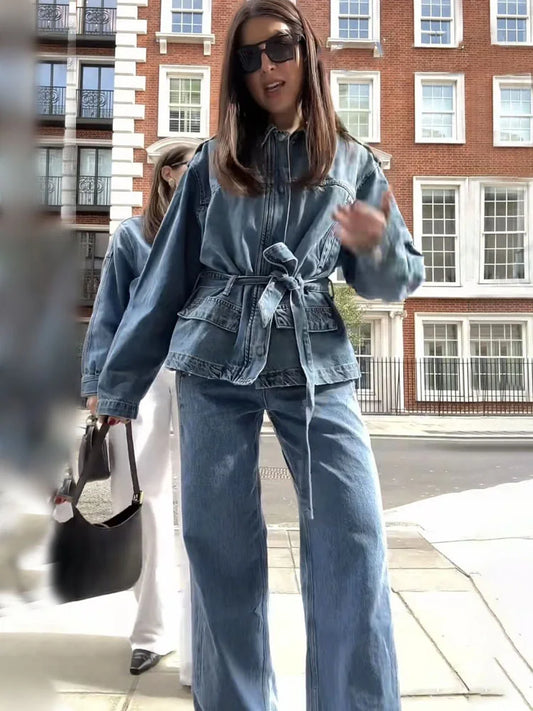 HH Women Denim Pant Sets Turn-Down Collar Long Sleeves Belt Autumn Coats+Pockets Loose High Waist Zipper Hemming Trousers.