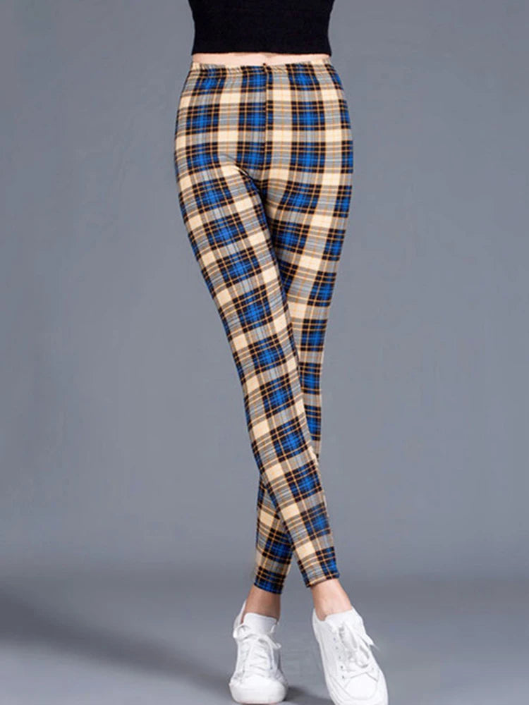 CUHAKCI Mode Plaid Druck Leggings Frauen Sexy Fitness Leggins Grid Floral Streifen Hosen Hohe Taille Bleistift Hosen