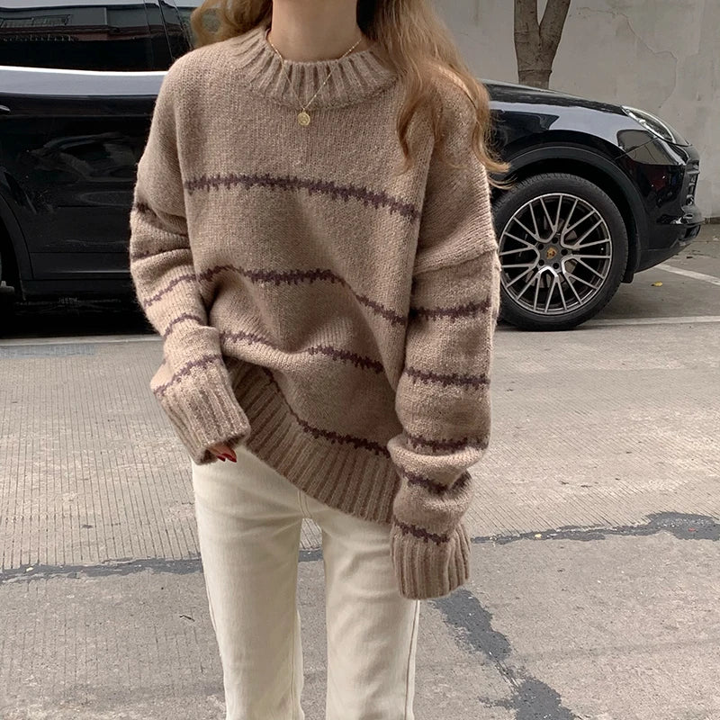 Herbst Winter Gestreiften Pullover Pullover Frauen Gestrickte Shirts Lange Hülse Lose Mock Neck Outwear Casual Pullover Tops Strickwaren