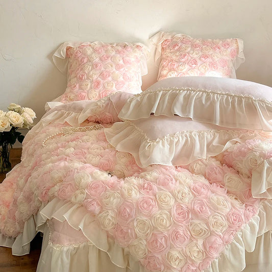 Three-Dimensional Rose Flowers Lace Ruffles Princess Wedding Bedding Set Warm Milk Velvet Duvet Cover Bed Sheet Pillowcases 4Pcs.