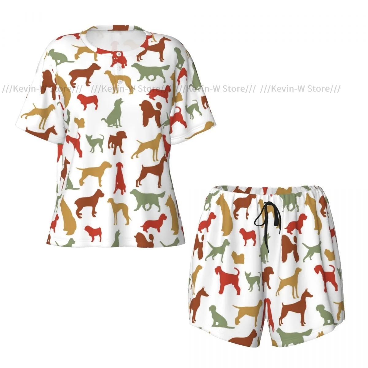 Zweiteiliges Damen-Pyjama-Set mit Rundhalsausschnitt und kurzen Ärmeln. Dog Breed, lässiges Pyjama-Set für zu Hause
