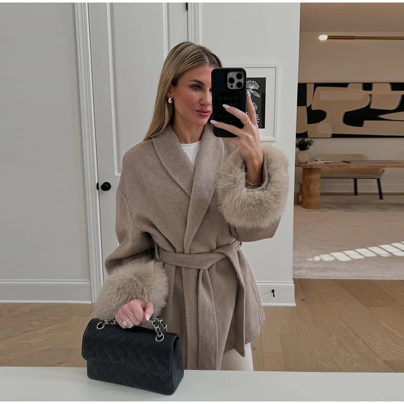 2025 Chic Revers Plüsch Mantel Mit Gürtel Frauen Vintage Feste Faux Pelz Hülse Tweed Offene Mäntel Weibliche Herbst Casual Straße outwear