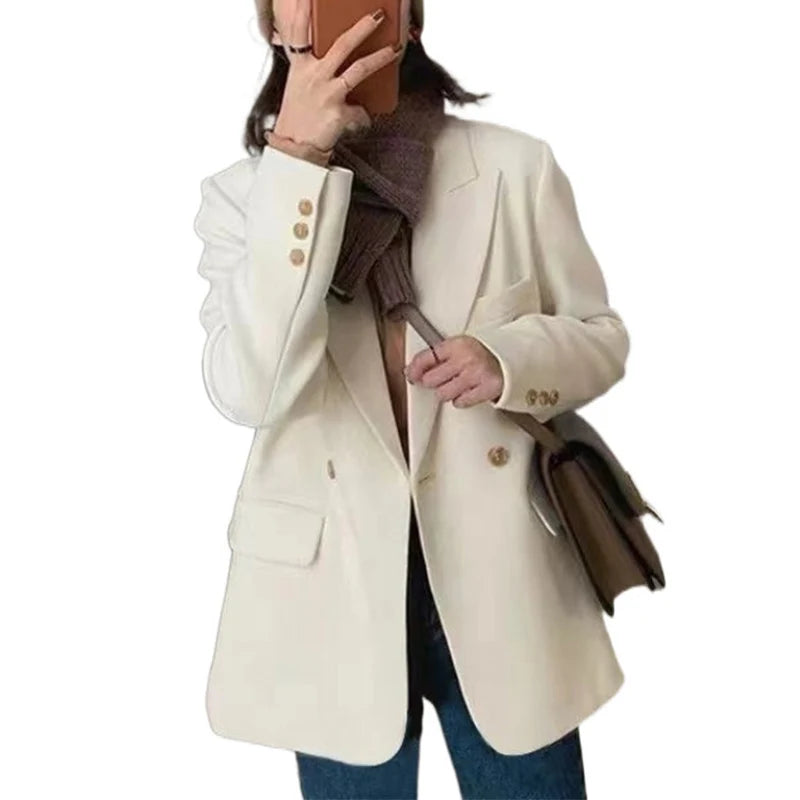 Koreanische Weiß Anzug Mantel Frauen Elegante Langarm Revers Blazer für Frau Herbst Winter Einzigen Taste Einfarbig Business Jacke