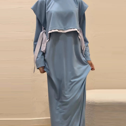 Women Eid Muslim Sets Musulman Ensemble Dubai Arab Vest Kaftan Islam Abayas Ankle Length Long Robe Solid Two Pieces Modest.