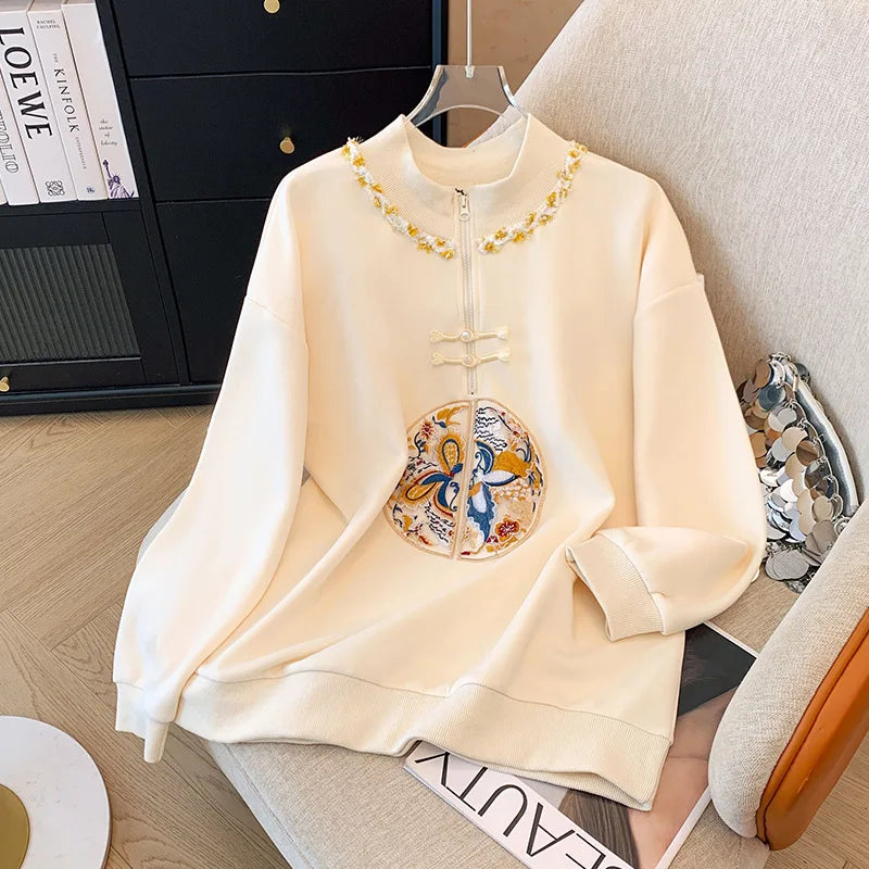 150kg Plus Size Damen büste Frühling Herbst lose neue chinesische Stil Sweatshirt lang ärmel ige geknöpfte Top 5xl 6xl 7xl 8xl 9xl