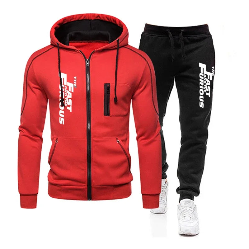 Autumn Winter Popular Mens Tracksuit Zipper Hooded Jacket+Running Pants 2 Piece Set Fast and Furious Print Casual Coat Clothing.