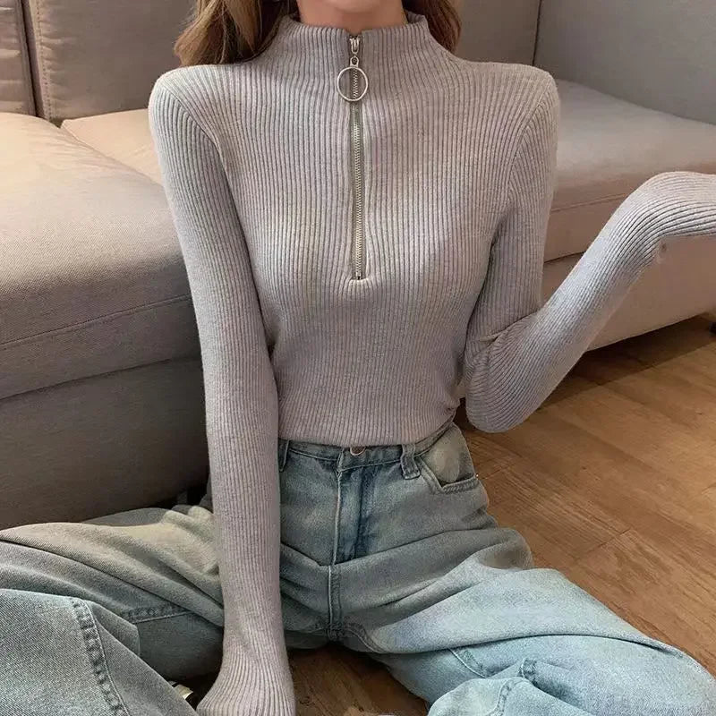 Frauen Fashion Solid Strick Pullover Vintage Langarm Zip-up Grundlegende Hälfte Rollkragenpullover Weibliche Pullover Chic Casual Tops