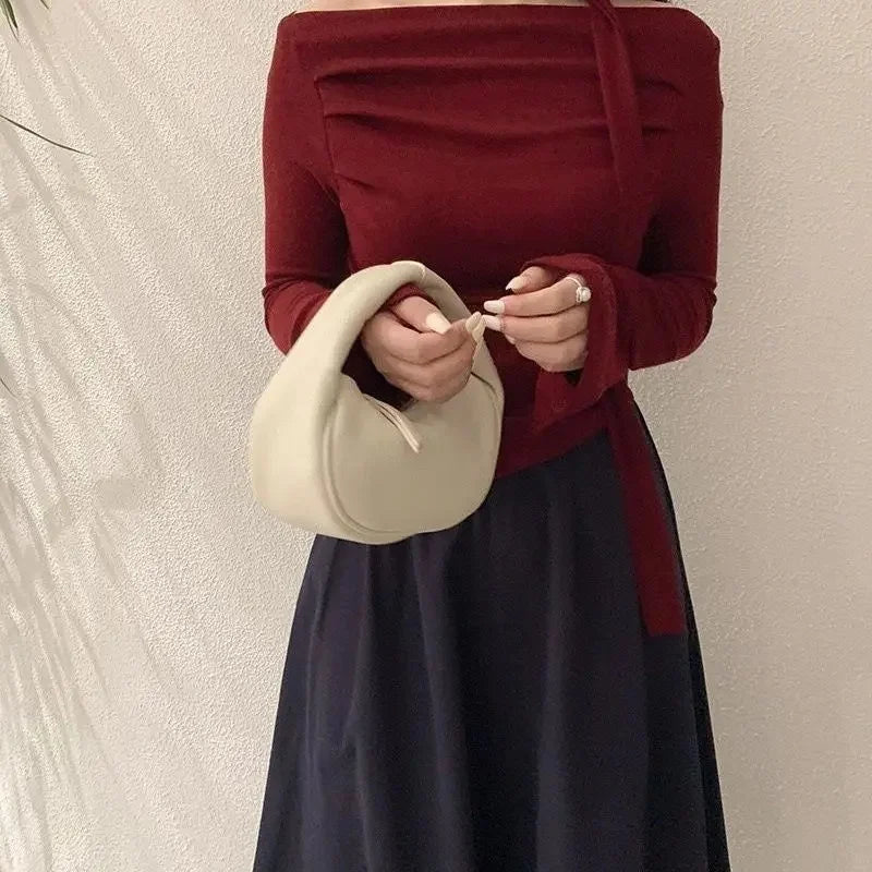 Elegant Long Sleeve Neck Hanging Sash Slim Fit T-Shirt Women's Red Black Other Pure Color Pleated Chic One Shoulder Top.