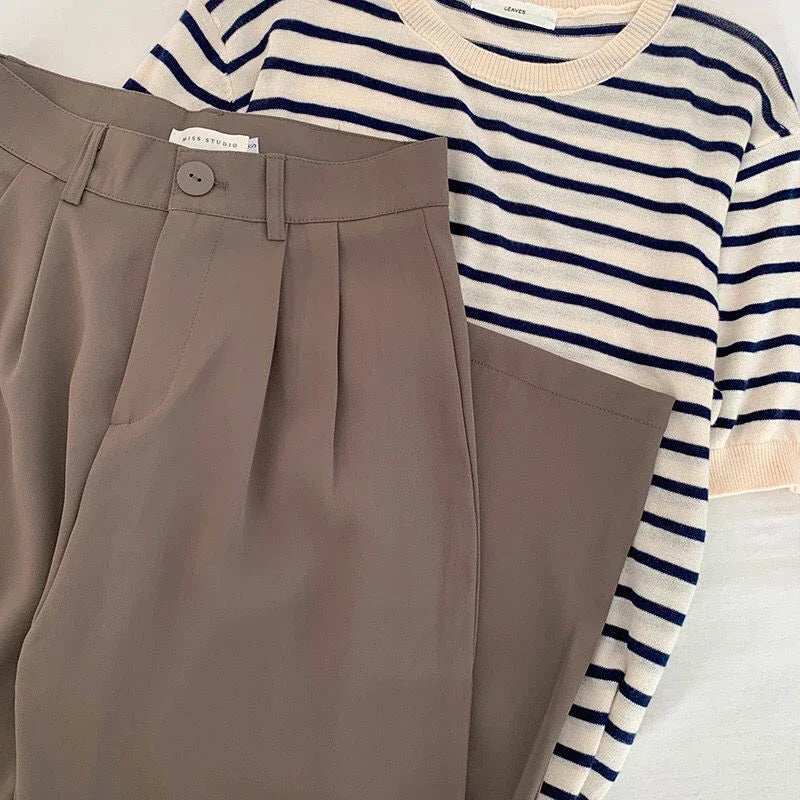 Hohe Taille Frauen Anzug Hosen fallen gerade Büro Damen koreanische Mode Hosen lässig Knopf lose weibliche schwarze Hosen neue 2024