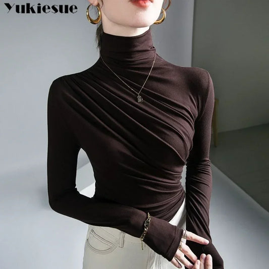 Pleated Stretch T-shirt New Spring Autumn Turtleneck Bottoming Pullover Women's Casual Elegant Basic Top Shirts Harajuku Gothic.