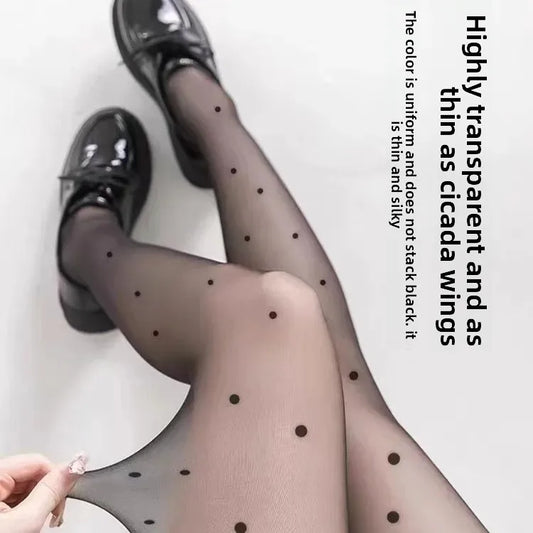 Thin Summer Black Silk Stockings Women's High Transparent Anti-Catch Wear-Resistant Polka Dot Design Comfortable Underwear.