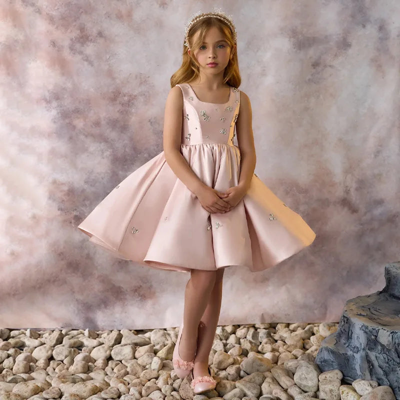 Luxus-Kleider für Kinder, rosa Satin-Prinzessinnenkleid für Mädchen, Klavieraufführung, formeller Abschlussball, Party, Geburtstag, Hochzeit, geschwollenes Kleid