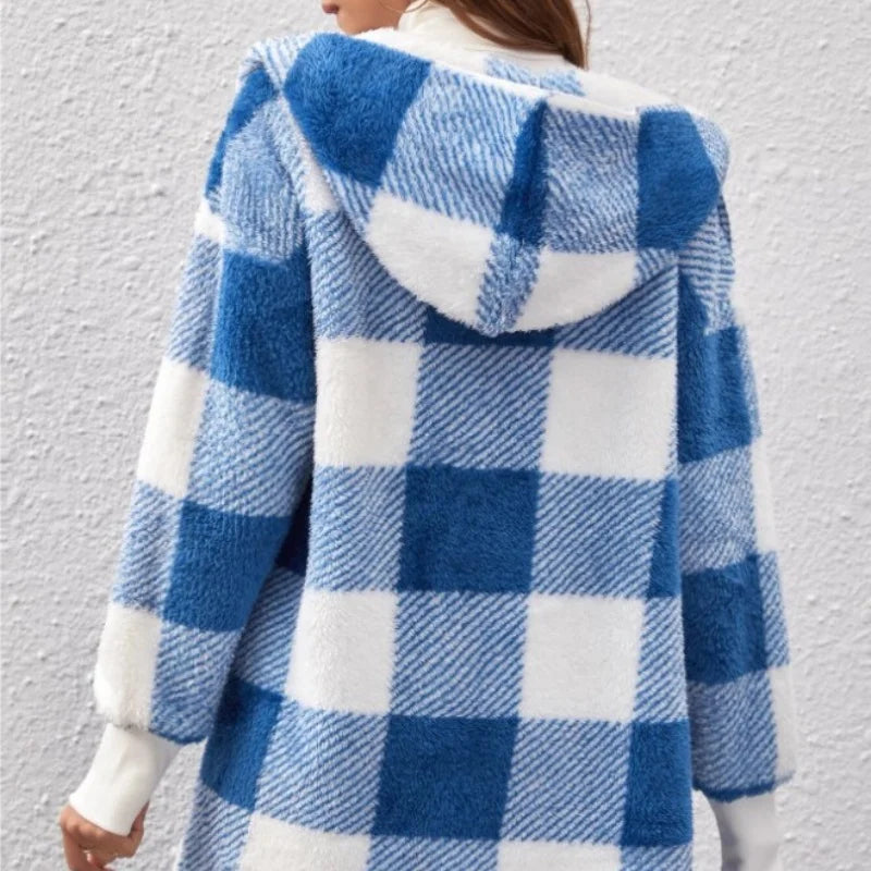 Frauen Herbst Winter Doppel Fleece Plaid Strickjacke Weiche Lose Lange Hülse Plüsch Warme Mit Kapuze Jacke Weibliche Patchwork Oberbekleidung Mantel