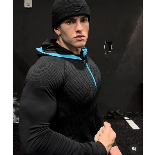 Men's Quick Dry Breathable Slim Fit Elastic Hooded Zipper Long Sleeve Fitness T-Shirt for Gym Sports Casual.
