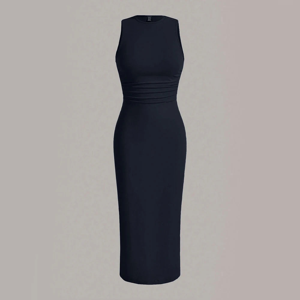 Mia Muse Damenkleider für alle Jahreszeiten, minimalistisch, schlicht, ärmellos, Rundhalsausschnitt, Wickel-MIDI-Partykleider