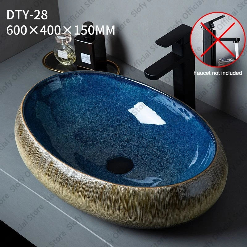Vintage Elegant Countertop Washbasin Classic Blue Art Hotel Ceramic Basins Sink Multiple Styles Outdoor Balcony Bathroom Sinks