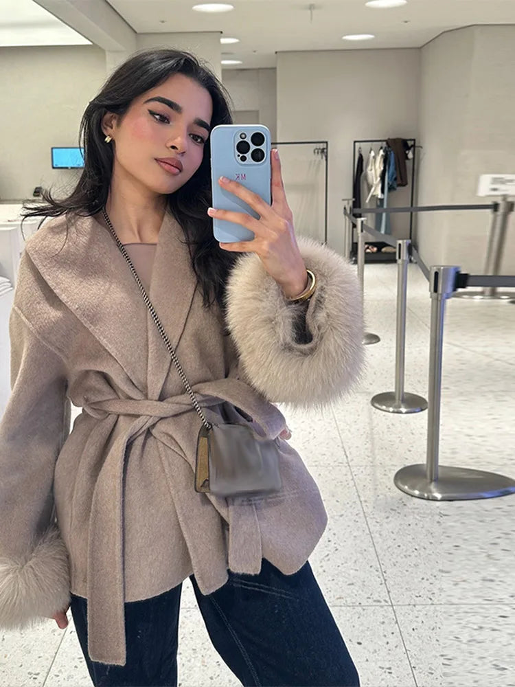 Frauen Mäntel Elegante Revers Plüsch Mit Gürtel Faux Pelz Hülse Tweed Offenen Mantel Weibliche 2025, Herbst Winter Mode Dame streetwear