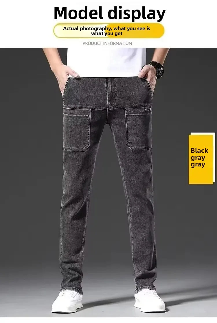 Elastische Herrenjeans, lässig, lockere Passform, mehrere Taschen, sechs Taschen, vielseitig, stilvoll, trendig, lockere Hose, männliches Modell