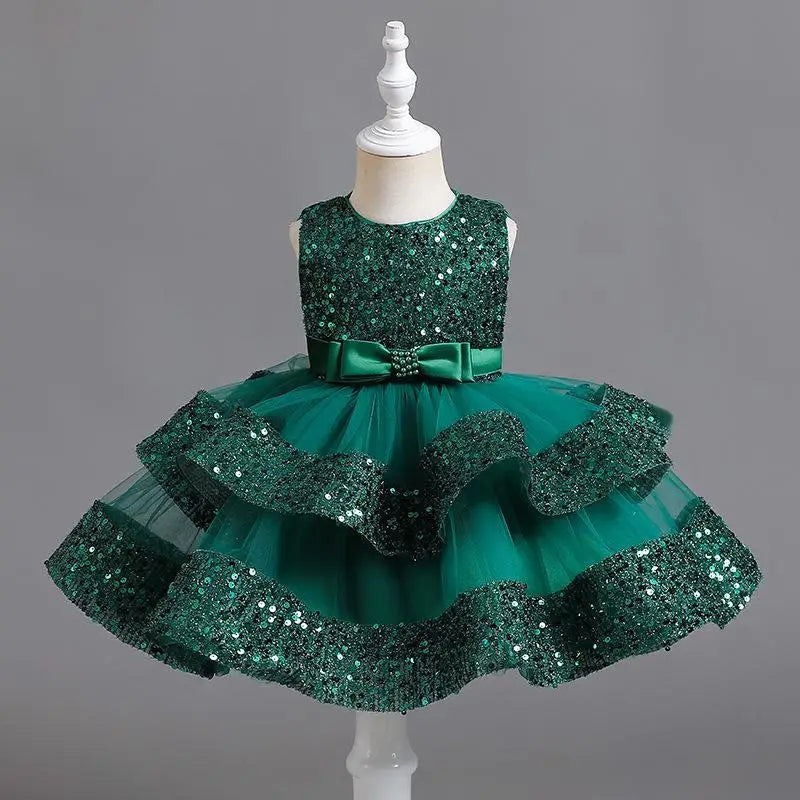 Sommer Neue Perlen Fliege Pailletten Mesh Kinder Ärmelloses Abendkleid Schule Abschlussfeier Multi Layered Kleid