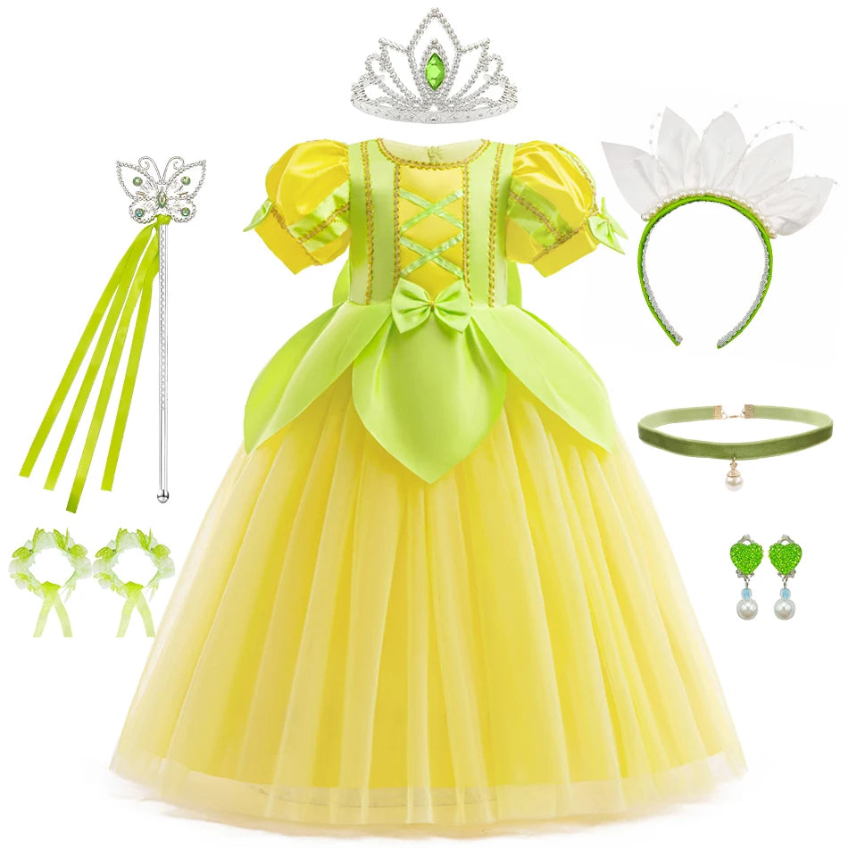 Tiana Fancy Prinzessin Kleid für Mädchen Geburtstag Party Kostüm Kinder Rollenspiel Ballkleid Kinder Karneval Performance Kleidung