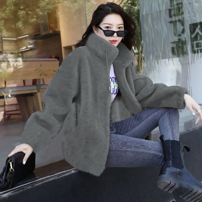 Frauen Winter Doppel Korallen Fleece Warme Mantel Stehkragen Plüsch Dicken Mantel Weibliche Mode Casual Langarm Zipper Kleidung