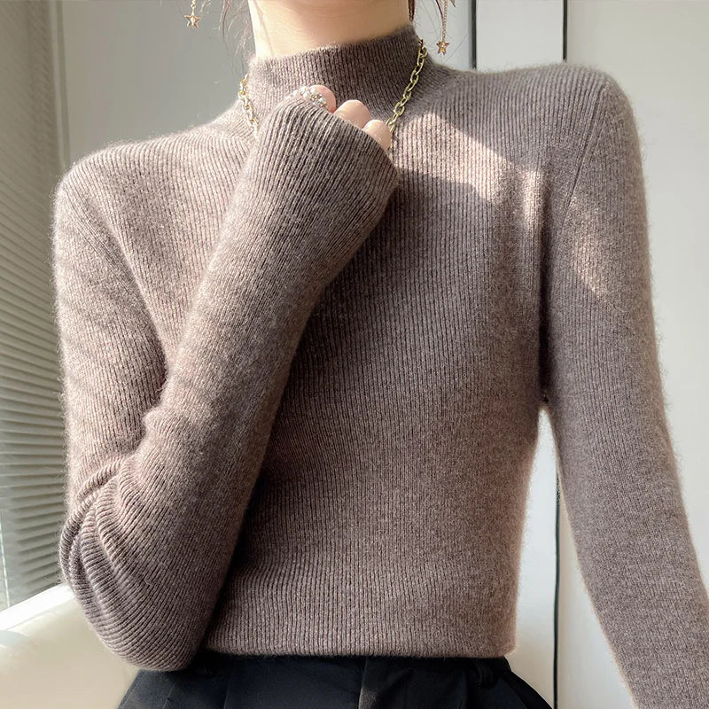 Herbst Winter Frauen Pullover Slim Fit Hohe Strecth Pullover Langarm Inneren Tragen Mock Neck Gestrickte Tops Koreanische Mode Jumper