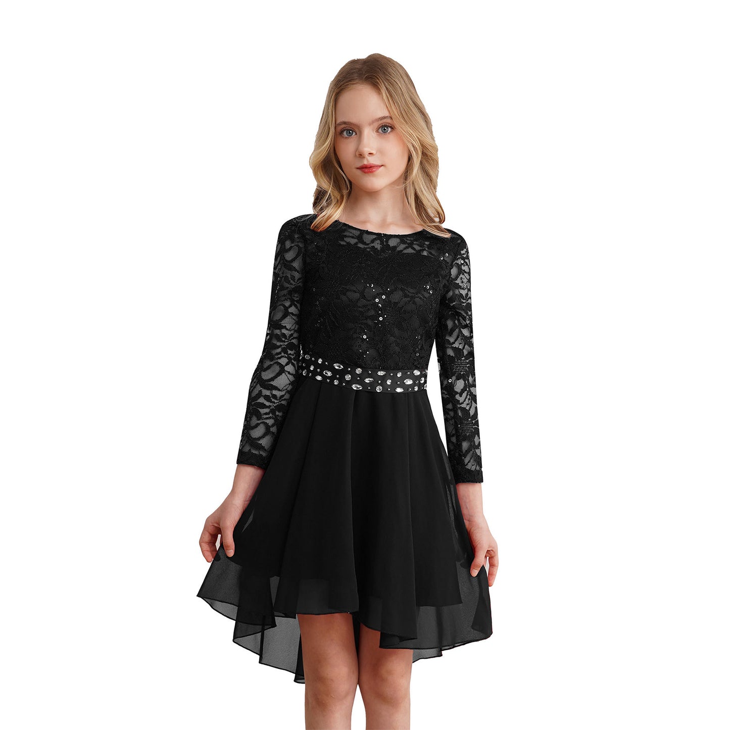 Elegantes Spitzen-Partykleid für Kinder, Mädchen, Chiffon, Spleißen, langärmelig, Kleid mit hohem und niedrigem Saum und Strass-Schärpe für Hochzeit, Geburtstag