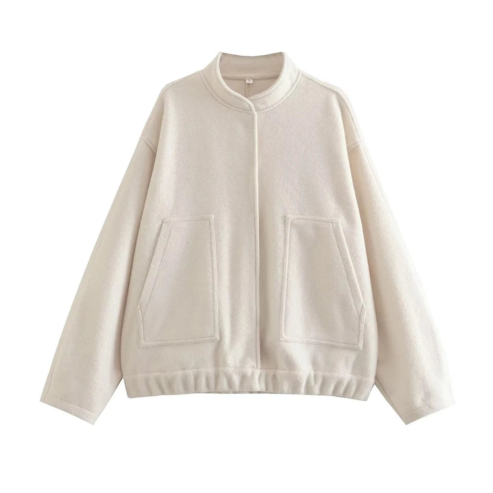 TRZA Frauen Mode Mit Taschen Übergroßen Bomber Jacke Mantel Vintage Langarm Druckknopf Weibliche Oberbekleidung Chic Tops