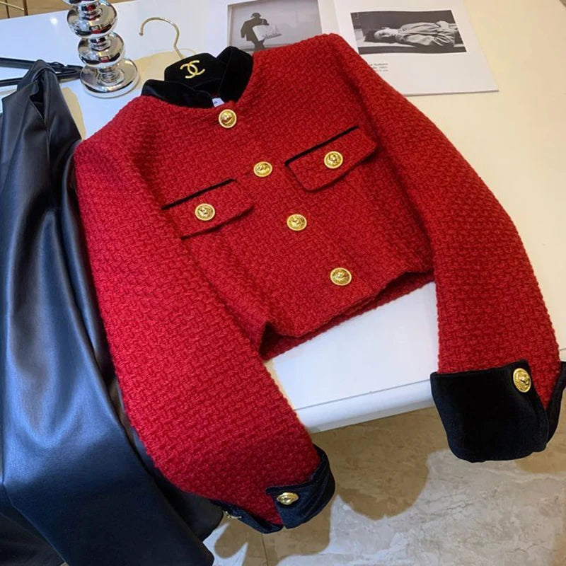 Mode Nähen Tweed Kurze Jacke Frauen Herbst Winter Elegante Büro Dame Mantel Y2K Koreanische O Neck Einreiher Crop Outwear