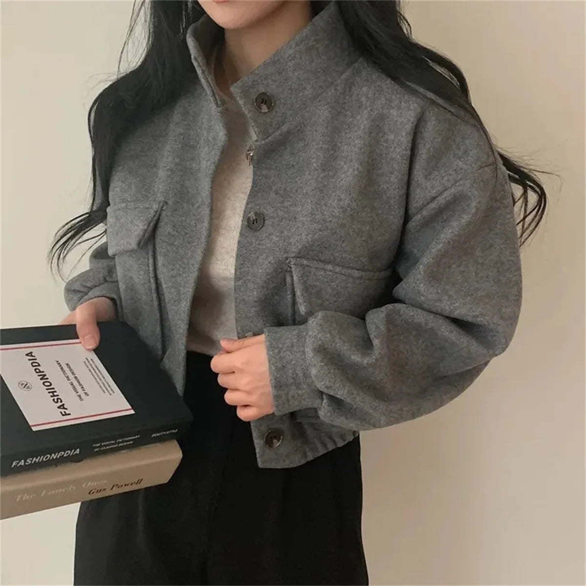 Korean Fashion Herbst Winter Mantel Frauen Neue In Stehen Neck Feste Taste Lose Jacke Dame Casual Straße Outwear Vintage Kleidung