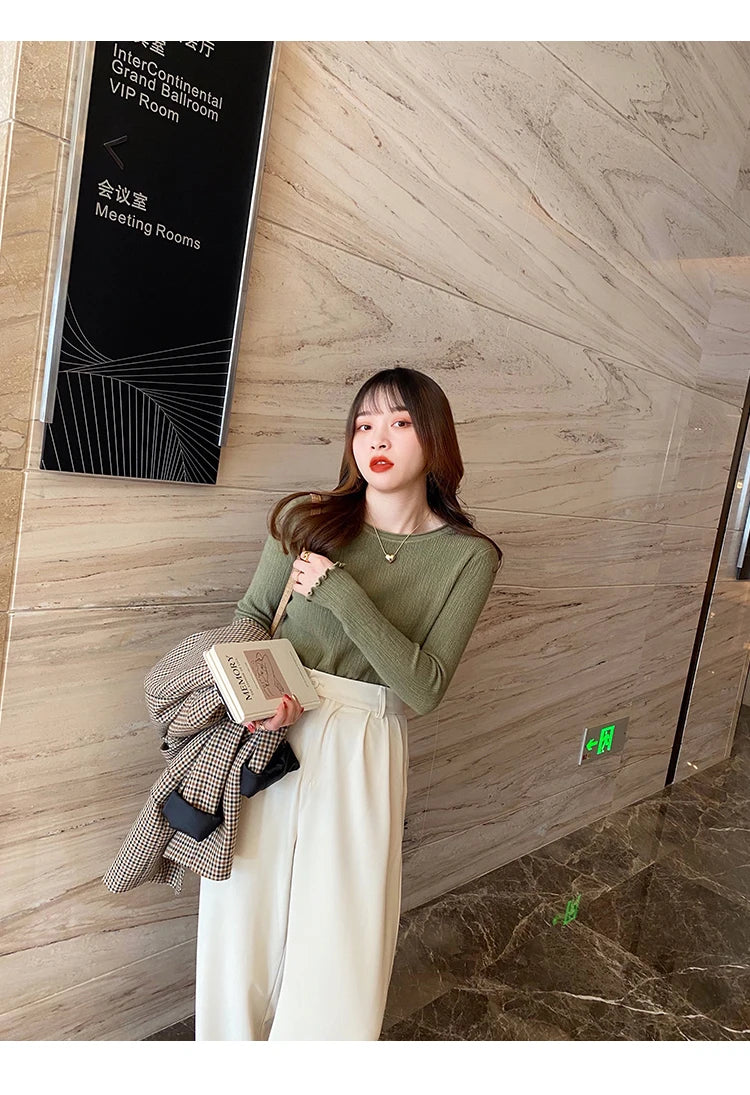 2025Oansatz Rippen Langarm Koreanische Dünne Weibliche Pullover Frauen Pullover Stricken Weiche Jumper Tops Geraffte Herbst Winter Tops