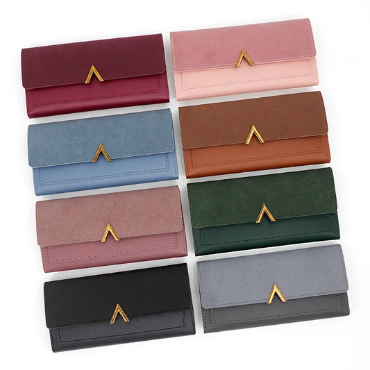 New Korean version women's wallet long V-shaped buckle three fold wallet for women, hand-held bag, change card bag.