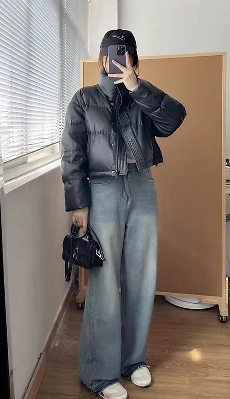 Winter Warme Dicke Parkas Frauen Neue Mode Lose Ernte Jacke Weibliche Schwarz Baumwolle Gepolsterte PU Leder Elegante Zipper Mantel Y2K Tops