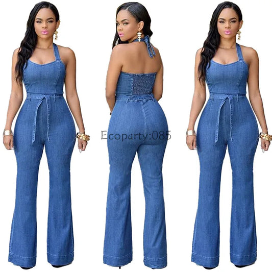 Temperament Women's One-piece Pants Sexy Fashion Jeans Ladies Slim Casual High Waist Jumpsuit With Belt Long Pants For Female.