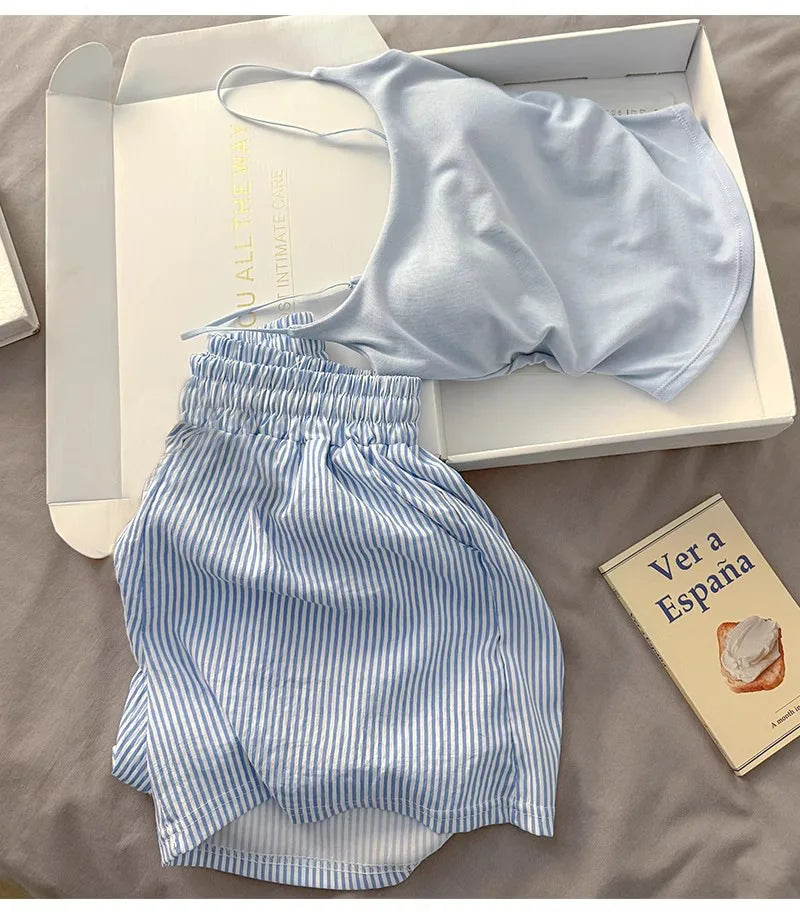 Einfarbiger Pyjama mit Brustpolstern, gestreifte Shorts für Damen, Sommer, dünne Leibchen-Shorts, Loungewear, großer Pyjama, zweiteiliges Set