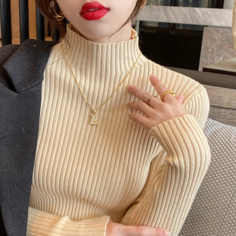 Winter Langarm Mock Neck Gestrickte Frauen Pullover Pullover Schlank Stricken Pullover Frauen Tops Blusas Mujer De Moda 2024 Blusa J995