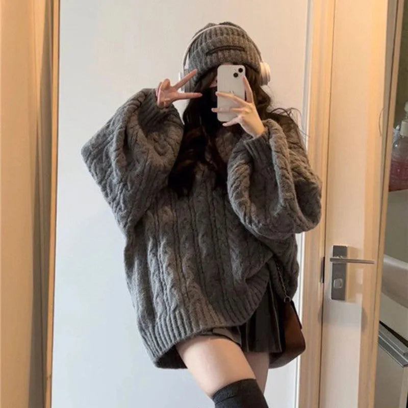 Herbst Winter Frauen Pullover Harajuku Übergroßen Gestrickte Pullover Koreanische Langarm V-ausschnitt Strickwaren Preppy Solide Lose Jumper