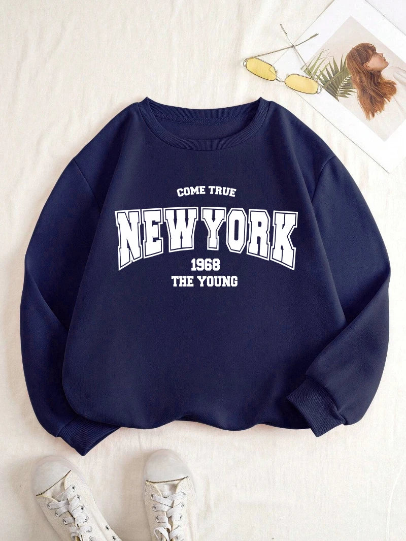 New York 1968 Women Sweatshirt Black Letter Print Sporty Hoodie Winter Casual Fleece Pullover Crewneck Red Hoody Street Clothing