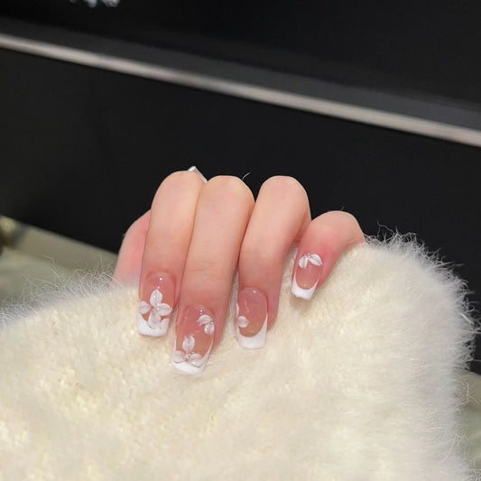 10Pcs White French Handmade Press on Nails Flower Pattern Fake Nails Wearable Stick-on Nails False Nail 네일팁 Накладные Ногти Uñas.