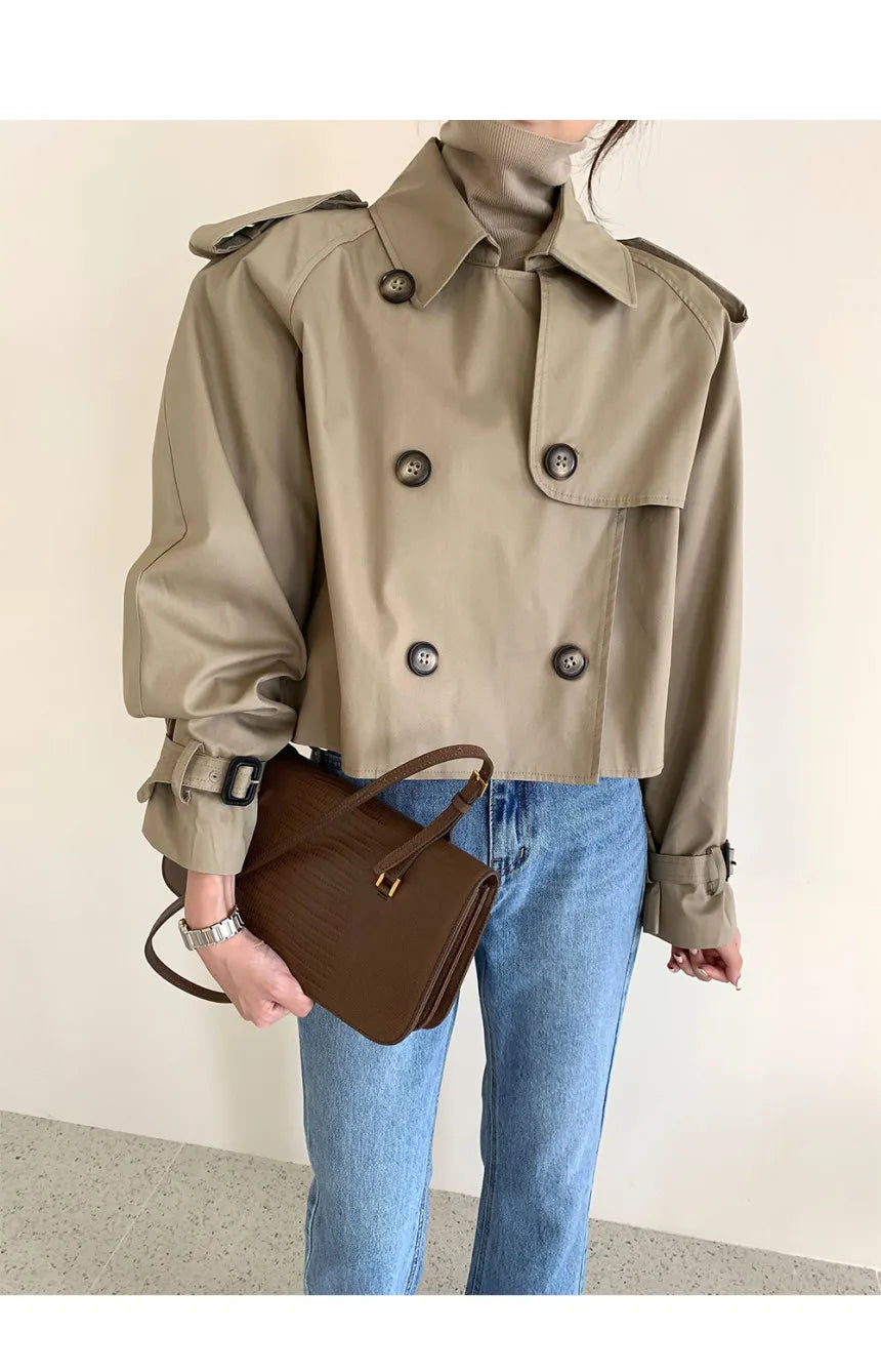 Vintage Zweireiher Graben Jacken Frauen Lose Chic Büro Dame Crop Tops Herbst Weibliche Mäntel Alle-spiel Lose Windjacke