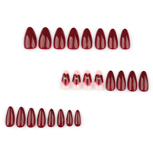 24pcs Women'S Nail Set Burgundy Almond Shape Medium Length Solid Color with Floral Golden Dust Design Fake Nails for Women/Girls.