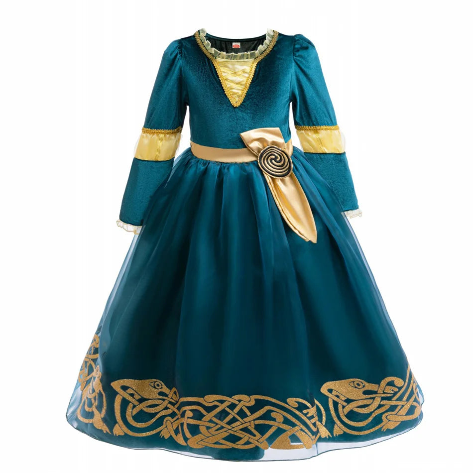 Girls Merida Cosplay Princess Dress Children Stage Performance Clothes Kids Halloween Carnival Party Long Sleeves Outfits