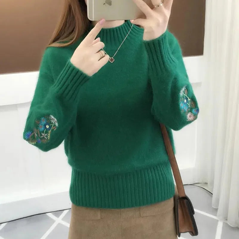 Herbst Winter 2025, neue bestickte Ärmel mit langen Ärmeln, Strickpullover, Damenbekleidung, Vintage-Allgleiches, O-Ausschnitt, lose Pullover