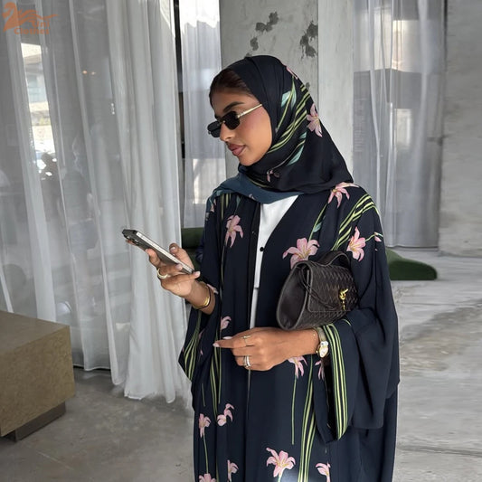 Uni Islamic Clothing Modest Abaya Women Muslim Dress Front Open Printed Abaya 2025 With Hijab Scarf Two Piece Set for Summer.