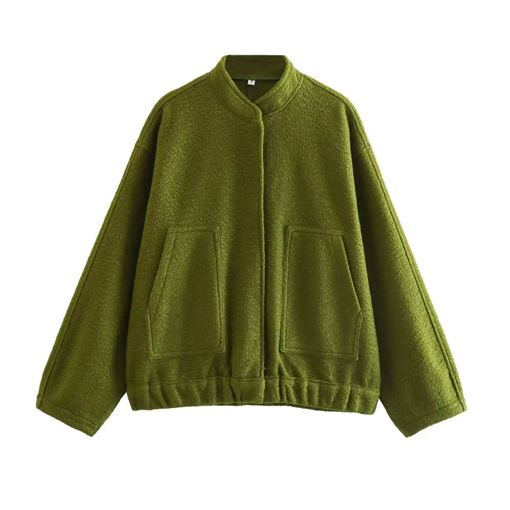 TRZA Frauen Mode Mit Taschen Übergroßen Bomber Jacke Mantel Vintage Langarm Druckknopf Weibliche Oberbekleidung Chic Tops
