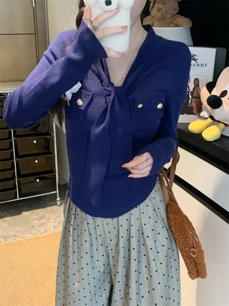 Frauen Frühling Herbst Einfachheit Büro Dame V-ausschnitt Einfarbig Langarm Strickwaren Damen Mode Alle-spiel Temperament Tops