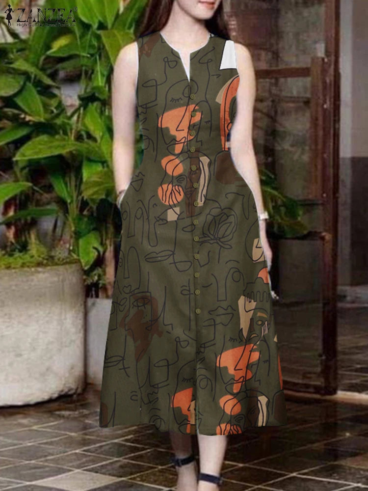 ZANZEA Elegante Damen-Midikleider, Sommer, ärmellos, Party-Sommerkleid, stilvoll, V-Ausschnitt, Urlaub, Arbeit, Vestidos, bedruckt, A-Linien-Kleid