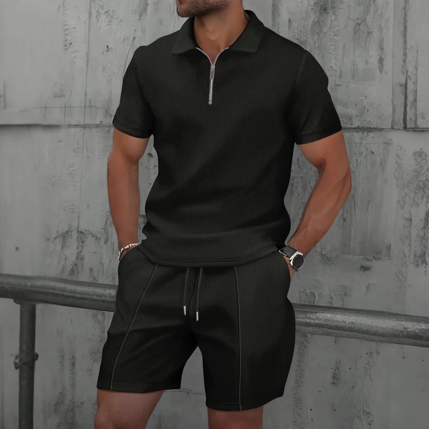Men's Sportswear set, men's Zipper Polo Shirt set, 3D Printed Casual Zipper Polo Shirt + Shorts 2-piece Business Sportswear Set.